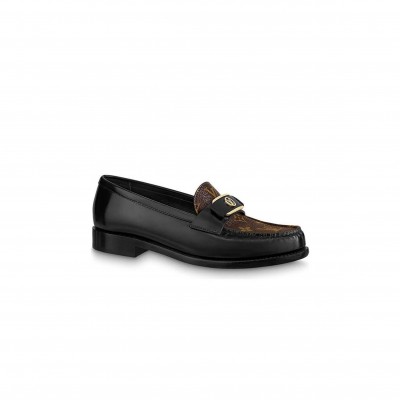 LOUIS VUITTON CHESS FLAT LOAFERS BLACK WITH BROWN MONOGRAM 1ABPLA
